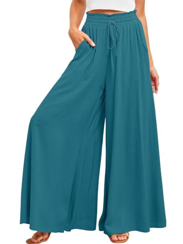 Osheoiso Hosenrock Damen Lang Culottes Loose Weites Bein Lockere Hosen Basic Elegante Stoffhose Damen Sommer Strandhose Hohe Taille Elastischer Freizeithose A Pfauenblau XL von Osheoiso