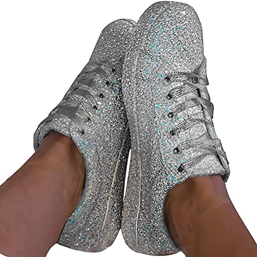 Osheoiso Sneakers Damen Pailletten Flache Low Sneaker Glitzer Turnschuhe Outdoor Freizeitschuh Schnürsenkel Walkingschuhe A Silber 40 EU von Osheoiso