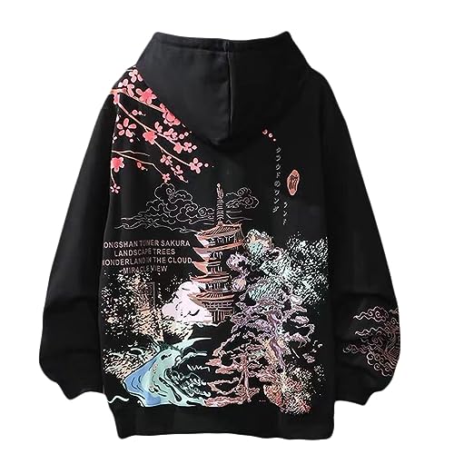 Osheoiso Techwear Japanischer Harajuku Herren Drucken Kapuzenpullover Hip Hop Hoodie Plus Fleecepullover Teenager Hoodie Casual Sweatshirt Lose Schwarz L von Osheoiso