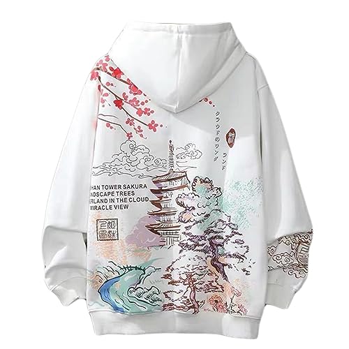 Osheoiso Techwear Japanischer Harajuku Herren Drucken Kapuzenpullover Hip Hop Hoodie Plus Fleecepullover Teenager Hoodie Sweatshirt Lose Weiß S von Osheoiso