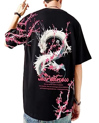 Osheoiso Techwear Japanischer Harajuku T-Shirt Oversized Kurzarm Oberteil Bedrucktes Paar Shirt Hip Hop Streetwear T-Shirt Sommer Basic Shirt für Herren Damen D Schwarz XL von Osheoiso