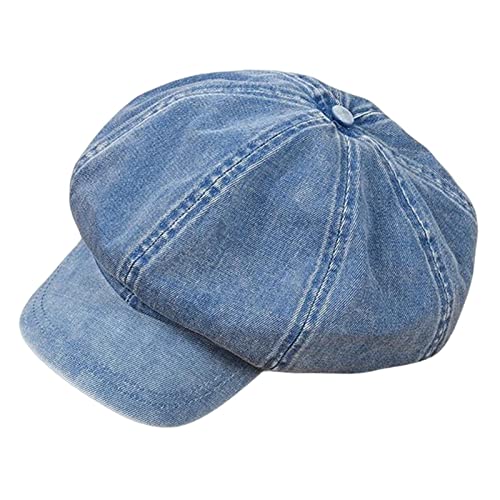 Oshhni Ballonmütze aus Denim, Baumwolle, für Damen, Mädchen, Visor, Baskenmütze, Vintage, weiche 8-Panel-Cabbie-Mütze, achteckiger Hut, Hellblau von Oshhni