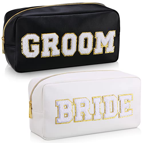 2 Stück Braut und Bräutigam Brief Patch Kosmetik Reise Kulturbeutel Frauen PU Leder Weiß Make-up Tasche Tragbare Braut Geldbörse Hochzeit Beutel Tasche für Braut Brautdusche Geschenk für von Oudain