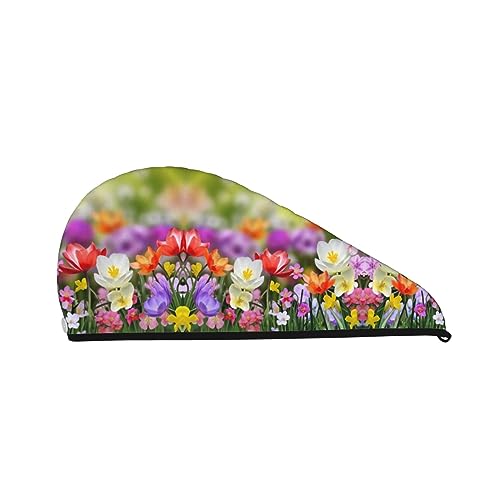 Bade-Duschhaube mit Frühlingsblumen für Damen, Korallensamt-Kappe für trockenes Haar, saugfähige, schnell trocknende Handtücher von Oudrspo