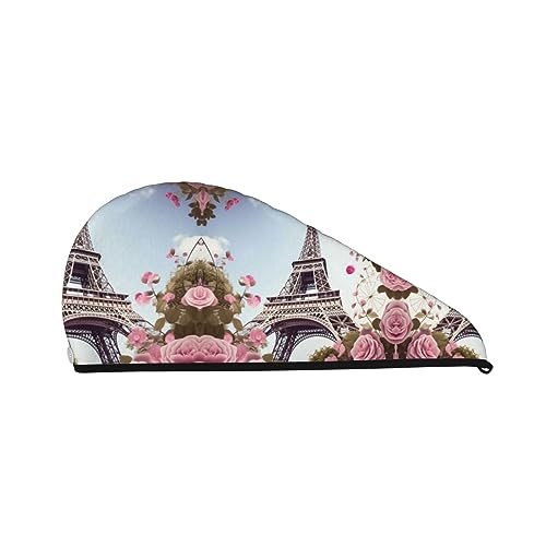 Bade-Duschhaube mit Paris-Eiffelturm-Blumenmuster für Damen, Korallensamt-Kappe für trockenes Haar, saugfähige, schnell trocknende Handtücher von Oudrspo