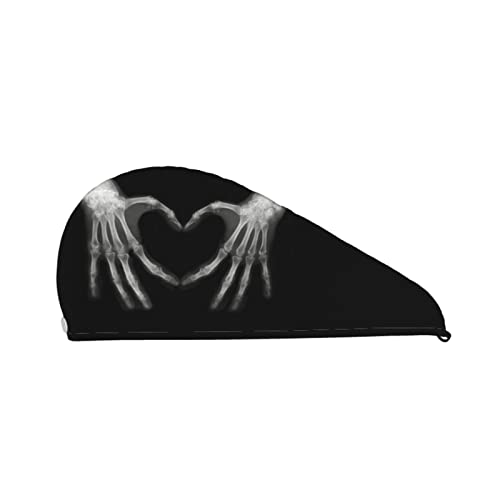 Cifeprak Xray Bones Hands Love Heart Pattern Haarhandtuchwickel, Haartrocknungstuch mit Knopf, Korallensamt-Haarhandtuch, Turbanmütze für trockenes Haar, Bade- und Duschhaarkappe von Oudrspo