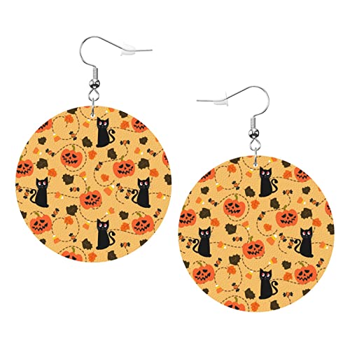 Ohrringe mit Halloween-Kürbis und schwarzer Katze, niedliche und lustige Avocado-Ohrringe aus Leder in runder Form, leichter baumelnder Schmuck für Damen und Mädchen, perfekt für den Alltag von Oudrspo