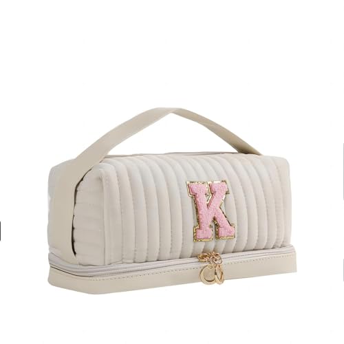 Ouksma Initial Make-up Tasche Monogrammiert Doppelschicht Kosmetiktasche Samt Reise Kulturbeutel Große Cpacity Make-up Tasche Tragbare Make-up Organizer Kosmetik Pinsel Tasche Fall, Weiß/Pink, K von Ouksma