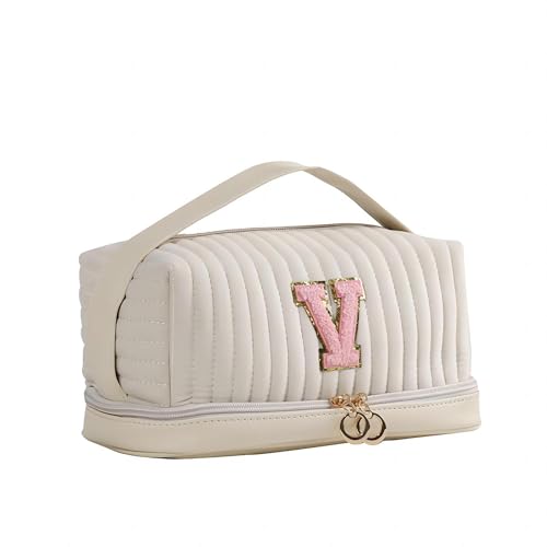 Ouksma Initial Make-up Tasche Monogrammiert Doppelschicht Kosmetiktasche Samt Reise Kulturbeutel Große Cpacity Make-up Tasche Tragbare Make-up Organizer Kosmetik Pinsel Tasche Fall, Weiß/Pink, V von Ouksma