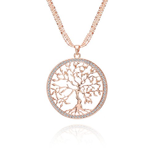 Ouran Baum des Lebens Halskette für Frauen, Charm Anhänger Halskette mit Crystal Rose Gold oder Silber Lange Kette Halskette für Mädchen Geschenk (Roségold) von Ouran