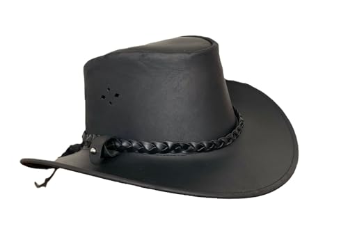 Australien Style Cowboyhut aus echtem Leder mit geflochtenem Hutband geschwungene Krempe, super robust Unisex für Damen, Herren und Kinder, hoher Sonnenschutz Faktor UPF50+ von Outbacker