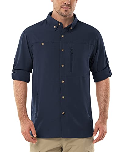 Herren Langarm Hemd Outdoor Hemd Männer Langarmhemd Schnelltrocknendes Leichtes Funktionshemd Atmungsaktive Shirts 50+ UV-Schutz mit Taschen Arbeitshemd für Angeln Laufen Wandern Camping Dunkelblau XL von Outdoor Ventures