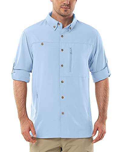 Herren Langarm Hemd Outdoor Hemd Männer Langarmhemd Schnelltrocknendes Leichtes Funktionshemd Atmungsaktive Shirts 50+ UV-Schutz mit Taschen Arbeitshemd für Angeln Laufen Wandern Camping Hellblau L von Outdoor Ventures