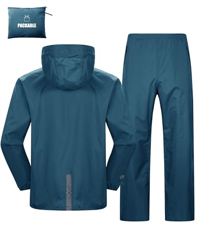 Herren & Damen Regenanzug Reflektierender Wasserdichte Packbare Regenjacke+Regenhose Outdoor Regenkleidung Winddichte Regenset Leichter Regenkombi für Radfahren Marokkoblau-ungefüttert XL von Outdoor Ventures