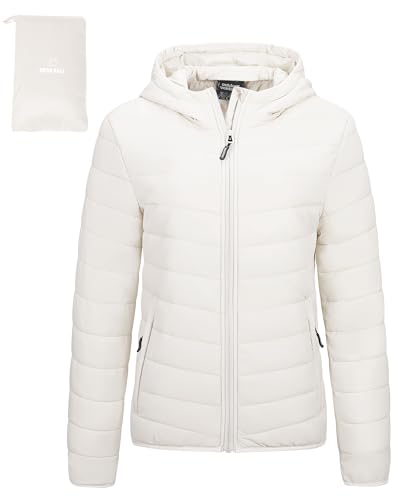 Outdoor Ventures Damen Steppjacke Leichte Packbare Übergangsjacke Warme Winterjacke mit Kapuze für Frauen Gefüttert Pufferjacke mit Taschen für Freizeit Wandern Reisen Creme L von Outdoor Ventures