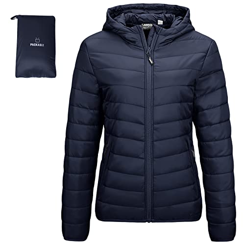 Outdoor Ventures Damen Steppjacke Leichte Packbare Übergangsjacke Warme Winterjacke mit Kapuze für Frauen Gefüttert Pufferjacke mit Taschen für Freizeit Wandern Reisen Dunkelblau XL von Outdoor Ventures