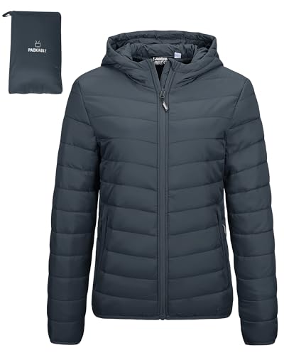 Outdoor Ventures Damen Steppjacke Leichte Packbare Übergangsjacke Warme Winterjacke mit Kapuze für Frauen Gefüttert Pufferjacke mit Taschen für Freizeit Wandern Reisen Dunkelgrau XL von Outdoor Ventures