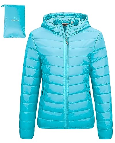 Outdoor Ventures Damen Steppjacke Leichte Packbare Übergangsjacke Warme Winterjacke mit Kapuze für Frauen Gefüttert Pufferjacke mit Taschen für Freizeit Wandern Reisen Hellblau 3XL von Outdoor Ventures