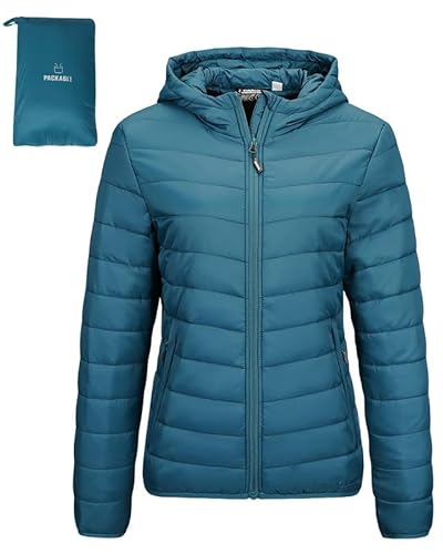 Outdoor Ventures Damen Steppjacke Leichte Packbare Übergangsjacke Warme Winterjacke mit Kapuze für Frauen Gefüttert Pufferjacke mit Taschen für Freizeit Wandern Reisen Keramik Blau 3XL von Outdoor Ventures