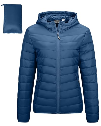 Outdoor Ventures Damen Steppjacke Leichte Packbare Übergangsjacke Warme Winterjacke mit Kapuze für Frauen Gefüttert Pufferjacke mit Taschen für Freizeit Wandern Reisen Navy Blau 2XL von Outdoor Ventures