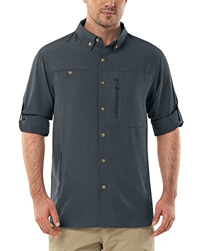 Outdoor Ventures Herren Langarm-Funktionsshirt UPF 50+ Outdoor-Atmungsaktives Hemd Frühling Sommer Herbst Freizeit Shirts schnell trocknend mit Taschen für Laufen, Wandern, Angeln, Klettern, Grau, L von Outdoor Ventures