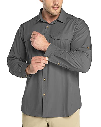 Outdoor Ventures Herren Langarm Sonnenschutz Hemd Casual Freizeit Shirts Outdoor Multi Taschen Hemd Atmungsaktiv Schnell Trocknend Funktionsshirts für Frühling & Sommer Grau M von Outdoor Ventures