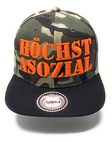 Outfitfabrik ❤️ Snapback Cap Höchst asozial in Camouflage, Schirm in schwarz, 3D-Stick in neon-orange (Statement, Provokation) für Männer und Frauen, One Size, verstellbar an der Rückseite von Outfitfabrik