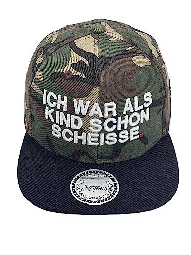 Outfitfabrik Snapback Cap Ich war als Kind Schon scheiße in Camouflage, schwarzer Schirm, 3D-Stick in weiß, für Männer und Frauen, One Size, verstellbar von Outfitfabrik