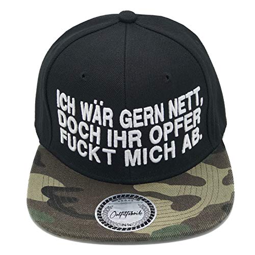 Outfitfabrik Snapback Cap Stickerei Ich wär gern nett, doch Ihr Opfer fuckt Mich ab in schwarz/Camouflage (Provokation, Statement, Army), verstellbar, für Männer und Frauen von Outfitfabrik