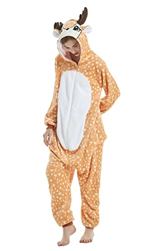 Ovender Pyjama Jumpsuit Erwachsene Tier kostüm Kigurumi Karneval Halloween Schlafanzug Party Show Weihnachten Cosplay Unterwäsche für Unisex Damen Herren (L, Hirsch) von Ovender