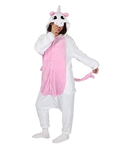 Ovender Pyjama Jumpsuit Erwachsene Tier kostüm Kigurumi Karneval Halloween Schlafanzug Party Show Weihnachten Cosplay Unterwäsche für Unisex Damen Herren - M - Einhorn Rosa von Ovender