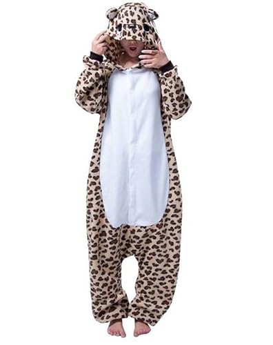 Ovender Pyjama Jumpsuit Erwachsene Tier kostüm Kigurumi Karneval Halloween Schlafanzug Party Show Weihnachten Cosplay Unterwäsche für Unisex Damen Herren (L, Leopard mit Handschuhen) von Ovender