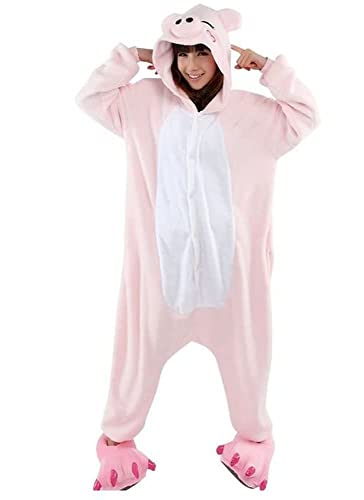 Ovender Pyjama Jumpsuit Erwachsene Tier kostüm Kigurumi Karneval Halloween Schlafanzug Party Show Weihnachten Cosplay Unterwäsche für Unisex Damen Herren (M, Schwein Rosa Weiß) von Ovender