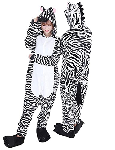 Ovender Pyjama Jumpsuit Erwachsene Tier kostüm Kigurumi Karneval Halloween Schlafanzug Party Show Weihnachten Cosplay Unterwäsche für Unisex Damen Herren (XL, Zebra mit Handschuhen) von Ovender