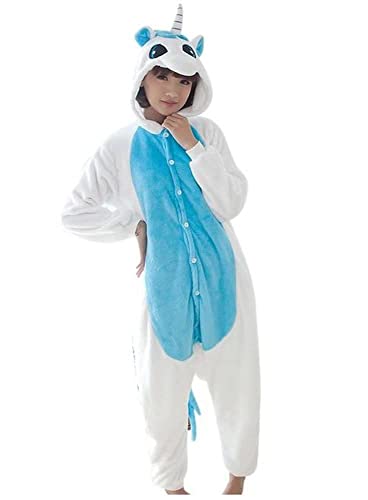 Ovender Pyjama Jumpsuit Erwachsene Tier kostüm Kigurumi Karneval Halloween Schlafanzug Party Show Weihnachten Cosplay Unterwäsche für Unisex Damen Herren - M - Einhorn hellblau von Ovender