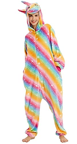 Ovender Pyjama Jumpsuit Erwachsene Tier kostüm Kigurumi Karneval Halloween Schlafanzug Party Show Weihnachten Cosplay Unterwäsche für Unisex Damen Herren, Regenbogen Einhorn, XS von Ovender