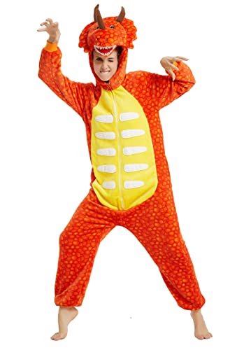 Pyjama Jumpsuit Erwachsene Tier kostüm Kigurumi Karneval Halloween Schlafanzug Party Show Weihnachten Cosplay Unterwäsche für Unisex Damen Herren (S, Dinosaurier Orange) von Ovender