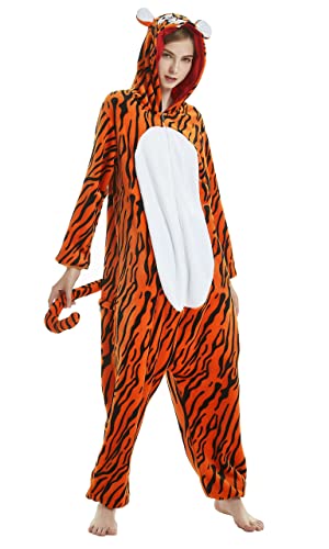 Ovender Pyjama Jumpsuit Erwachsene Tier kostüm Kigurumi Karneval Halloween Schlafanzug Party Show Weihnachten Cosplay Unterwäsche für Unisex Damen Herren (S, Tiger 2) von Ovender