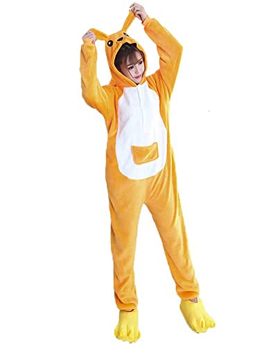 Pyjama Jumpsuit Erwachsene Tier kostüm Kigurumi Karneval Halloween Schlafanzug Party Show Weihnachten Cosplay Unterwäsche für Unisex Damen Herren, Känguru Orange, L von Ovender