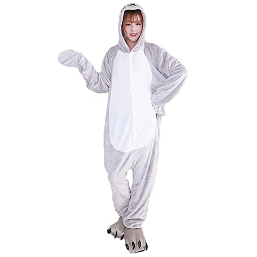 Ovender Pyjama Jumpsuit Erwachsene Tier kostüm Kigurumi Karneval Halloween Schlafanzug Party Show Weihnachten Cosplay Unterwäsche für Unisex Damen Herren (L, Seelöwe Grau) von Ovender