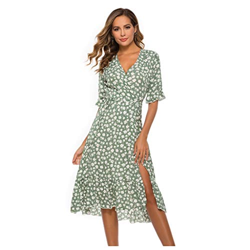 Overdose Damen Blumenkleid V-Ausschnitt Kleider Kurzarm Kleid Maxi Dress Boho Sommerkleider Mode Maxikleid Langes Kleid Freizeitkleider Urlaubskleid für Frauen(Grün,XL) von OverDose Boutique