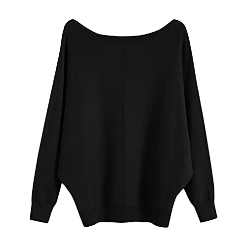 Overdose Damen Sweater Mode Boat Neck Fledermaus Ärmel Langarm Strickpullover Große Größe Pullover Herbst/Winter Pullover Casual Pulli für Frauen(Schwarz,L) von OverDose Boutique