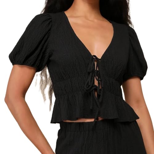 Damen-Babydoll-Bluse mit Rüschen, V-Ausschnitt, kurze Ärmel, vorne offen, zum Binden, Sommer-Shirt, Cokette-Top, Streetwear, Schwarz , Large Damen-Babydoll-Bluse mit Rüschen, V-Ausschnitt, kurze Ärmel, vorne offen, zum Binden, Sommer-Shirt, Cokette-Top, Streetwear, Schwarz , Large von Owegvia