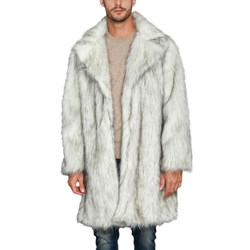 Men's Luxury Faux Fur Coat Long Sleeve Lapel Collar Open Front Faux Fur Coat Men's Faux Fur Trench Coat Outwear (White, XXXL) von Owegvia