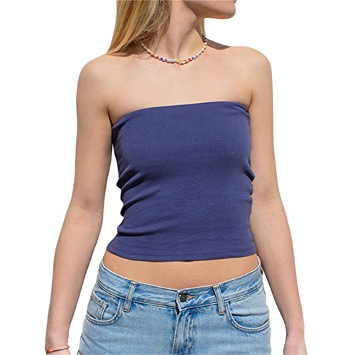 Owegvia Damen Sexy Y2k Bandeau Top Schulterfrei Trägerlos Tube Top Fee Spitze Ärmellos Crop Tops Slim Fit Rückenfrei Tanks Weste E Mädchen Streetwear Club Party (Blau, S) von Owegvia