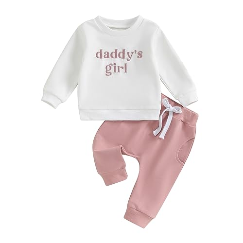 Owegvia Kleinkind Baby Mädchen Herbst Kleidung Daddy's Baby Mädchen Brief Stickerei Druck Langarm Pullover Lange Hose Outfit (Pink, 6-12 Months) von Owegvia