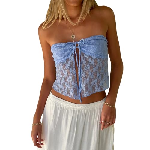 Owegvia Women's Lace Tube Tops Off Shoulder Sleeveless Backless See Through Front Split Ruched Tie Up Crop Tops for Summer (Sky Blue, L) von Owegvia