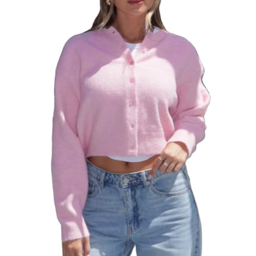 Y2K Cropped-Cardigan für Damen, leicht, knöpfbar, vorne offen, langärmelig, Knopfstrick, Cardigan, rose, S Y2K Cropped-Cardigan für Damen, leicht, knöpfbar, vorne offen, langärmelig, Knopfstrick, Cardigan, rose, S von Owegvia