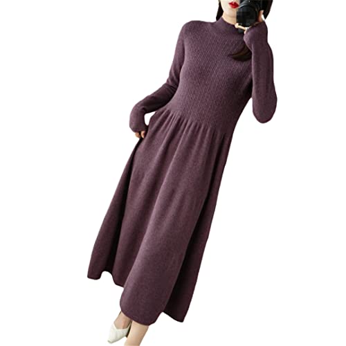 Ownwfeat Damen Pullover Kaschmir Wolle Kleid Langarm Weich Strick Halber Rollkragen Langes Kleid, violett, X-Large von Ownwfeat