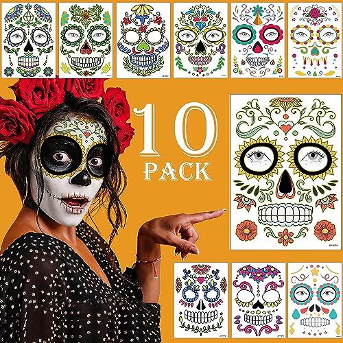 10 Blätter Halloween Gesicht Tattoos Tag der Toten Totenkopf Floral Skelett Spinnennetz Rote Rosen temporäre Tattoo Aufkleber für Männer Damen Halloween von Owyee